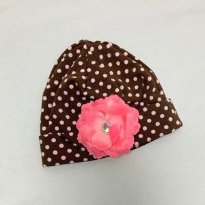 Brown w/ Light Pink Polka Dots Baby Cap w/ Detachable Flower Detail